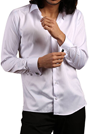 Dicotto Мікротканина Slim Fit Чоловіча сорочка - Біла, вузький крій, ґудзики на рукавах - 201-1