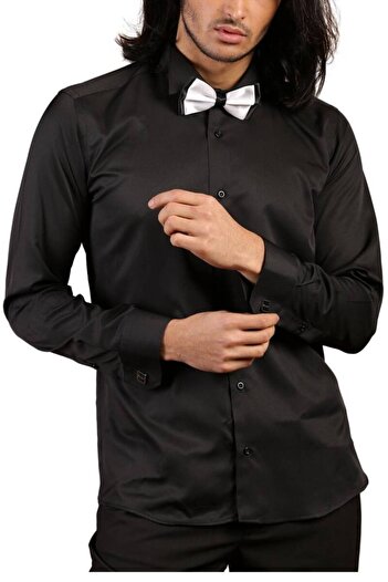 Dicotto Ata Collar Black Slim Fit Σμόκιν Πουκάμισο - Μανικετόκουμπα, Μασίφ Γαμπρός - 010