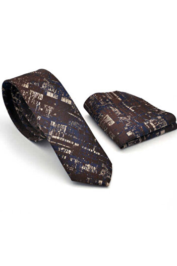 Gaffy Beige Navy Blue Motif Patterned Brown Woven Fabric Slim Fit Tie with Handkerchief / Sdk-220710