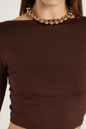 Tudors Women's Slim Fit Slim Fit Crew Neck Back Detailed Brown Blouse