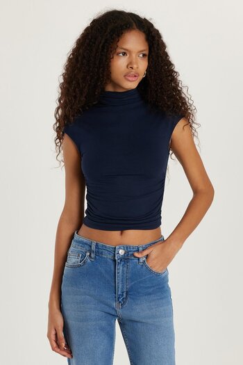 Tudors Women's Regular Fit Zero Sleeve Navy Blue Blouse