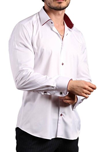 Dicotto Чоловіча сорочка Slim Fit - біла, бордова, мікротканина, вузький комір, ґудзики на рукавах - 216-3