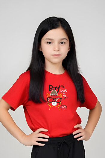 FYK KİDS Girl's Round Neck Printed Boy Cat Lower-Top Pjamas Suit