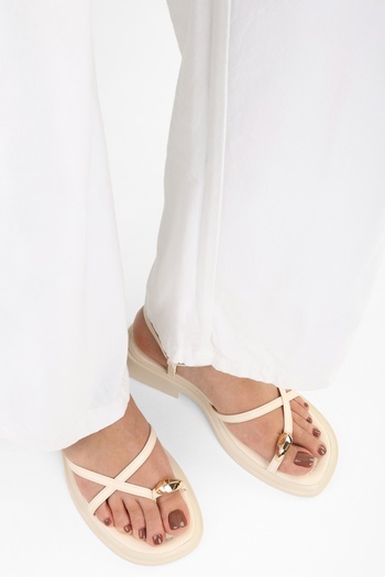Shoeberry Bianca Beige Gold Buckle Women's Sandals