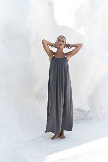 MAİ COLLECTİON Kasteli Bead Detail Anthracite Dress