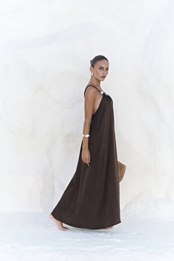 MAİ COLLECTİON Kasteli Bead Detail Brown Dress