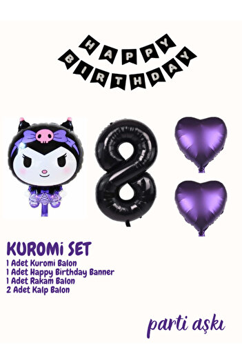 PARTİ AŞKI Sanrio Kuromi Balon Seti 5'li Kuromi Set & Kız Çocuk Konsept Doğum Günü Balon Seti