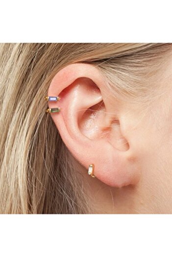 Bylin Takı 925 Ayar Gümüş Mini Baget Taşlı Halka Piercing Küpesi - Halka Iç Çapı 5,5 Mm - 1 Adet