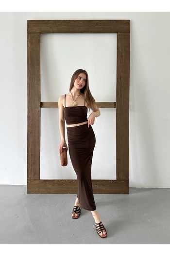 FEWTİNT Suit-Side Shiring Detail, Lined, Long Skirt. Thin Straps, Side Shiring Crop Bluz.