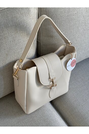 BAGLOVİS Medium Size Women's Cream Shoulder Bag with Hook and Ring Detail on Front En25 Uzn25