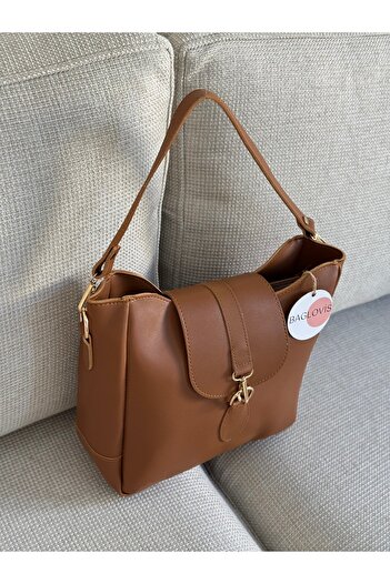 BAGLOVİS Front Hook and Ring Detail Medium Size Tan Women's Shoulder Bag En25 Uzn25