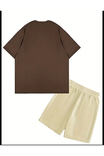 SELENA BUTİK Unisex Think Brown T-Shirt Beige Shorts Bottom Top Set