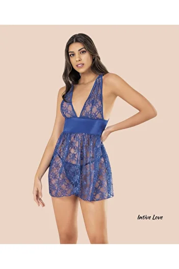 İntive Lingerie Moongirl Deep V Decolteat Tot Dantela Spate Deschis Cămașă de noapte/Babydoll (Saks, Roz)