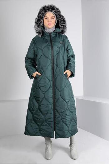 Alvina Furry Hooded Large Size Inflatable Coat - 90333