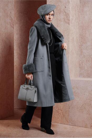 Alvina Fur Detailed Belted Coat 90501
