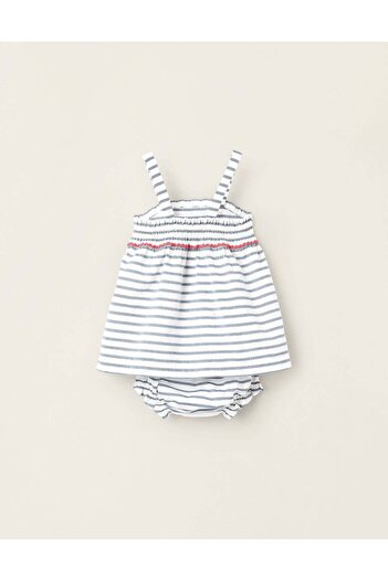 Ziddy Striped Top + Bloomers for Newborn Girls, White/Blue