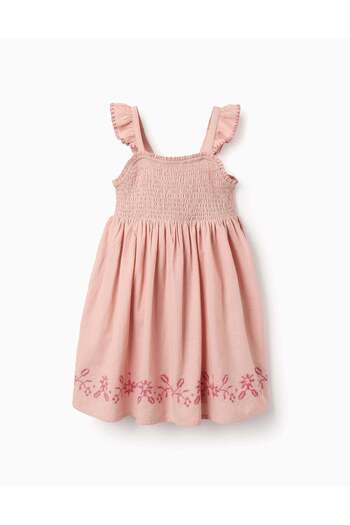 Ziddy Dress with Texture and Cross-Stitch Embroidery for Girls, Pink