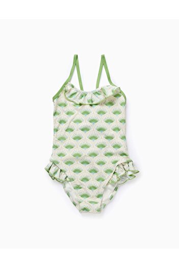 Ziddy Swimsuit with Motif and Ruffles for Girls, Beige/Green