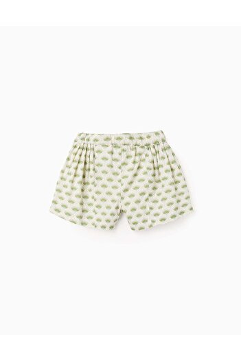 Ziddy Cotton Shorts with Floral Motif for Girls, Beige/Green