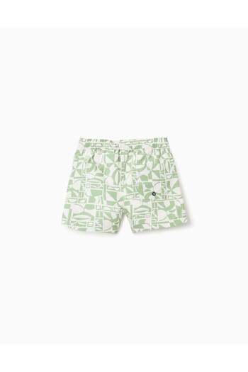 Ziddy Swim Shorts with Pattern for Boys, White/Green