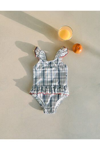 Ziddy Swimsuit with Check for Baby Girls 'You&Me', White/Blue
