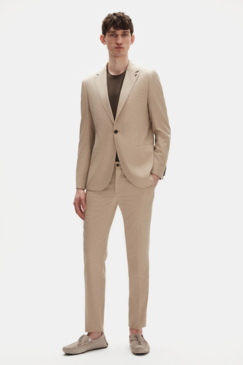 Tween Slim Fit Bej Armürlü Yünlü Takim Elbise