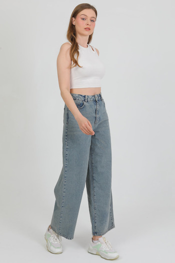 happinice Women's Blue Midi Length Wide Leg Jeans