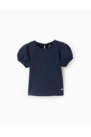Ziddy T-shirt with Broderie Anglaise Sleeves for Baby Girls, Dark Blue