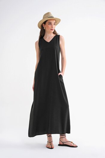 Mixray 4694 Women's Pocketed V-Neck Long Basic Dress Black