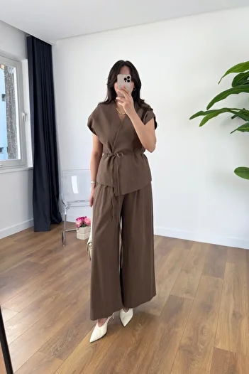 BİRCANÇİL Lidya Bitter Brown Hidden Buttoned Drawstring Linen Vest Set