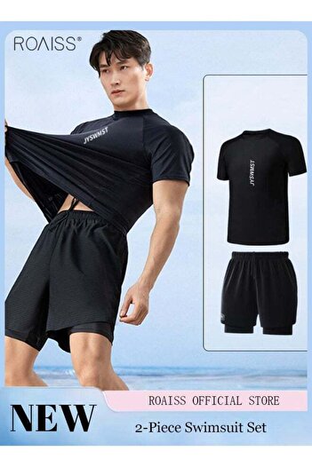 ROAISS 2-Piece Men's Swimsuit Set Fashion Loose Fitting Quick Drying Sun Protection Swimsuit Set With Doubl