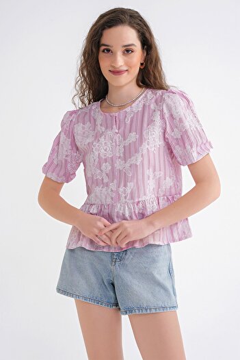 Mixray 4701 Kadın Çiçek Baskılı Peplum Bluz Pembe