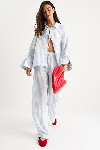 Bianco Lucci Women's Lacing Detailed Large Cuffed Striped Summer Cotton Bottom-Top Suit 36471 60283357