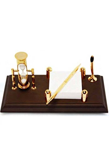 Generic Vitacelli Wood Based Pen Stand with Three Minute Sand Timer and Card Holder Brown And Gold