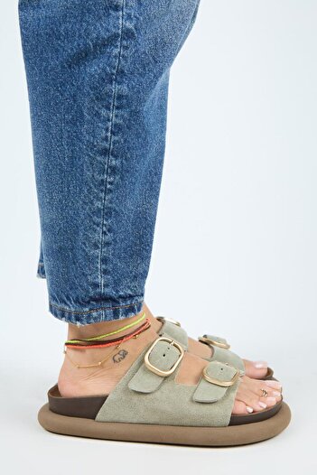 Manijero Lavanda Women's Genuine Leather Double Buckle Water Green Slippers