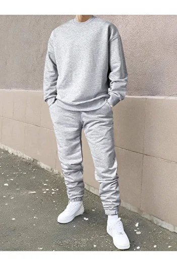 CLAYES Ανδρικό μονόχρωμο σετ αθλητικής φόρμας Jogger - Γκρι Oversize Raster Crew Neck
