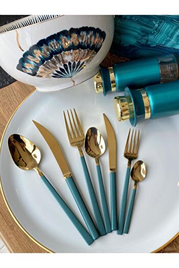 ROSSEV Napoli Es Green 42 Pieces Spoon Fork Knife Teaspoon Set for 6 People