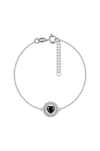 Sterling Silver Brățară din argint 925 - inimă de zircon neagră, cerc dublu, zirconii transparente
