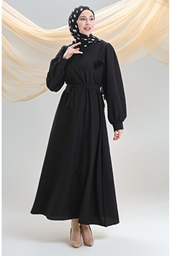 sefamerve Seersucker Belted Dress 2043-04 Black