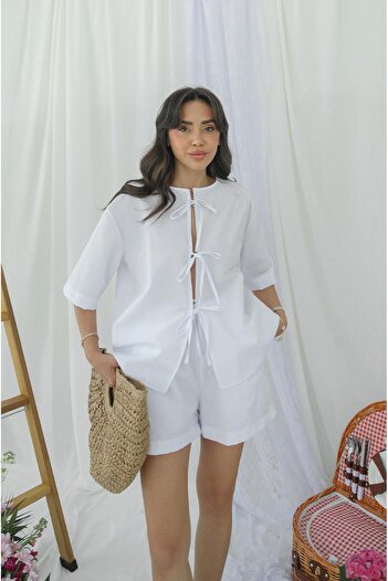Havoş White Masai Tie-Up Shirt Shorts Set