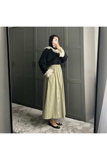 MY QILAM Number 10 Fashion Women Mint Green Elastic Waist Poplin Flare Skirt with Pockets 10Nmr180