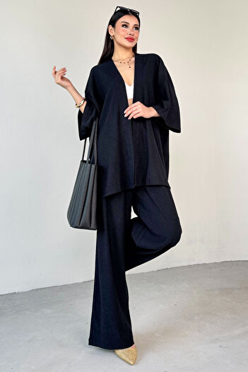 Cappmoda Tkm-13297 Black Modern Cut Kimono & Loose Trousers Summer Double Set