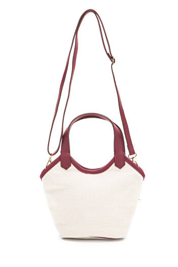 minebag Linen Leather Detailed Women's Cross Bucket Bag Ryan Burgundy