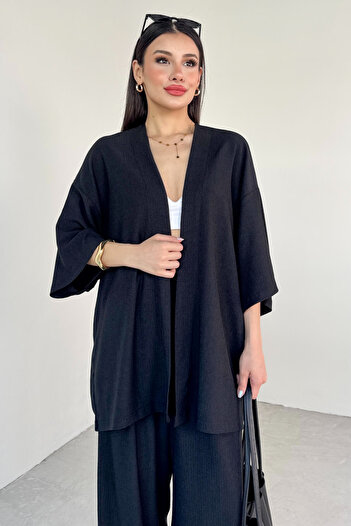 Cappmoda Tkm-13297 Black Modern Cut Kimono & Loose Trousers Summer Double Set