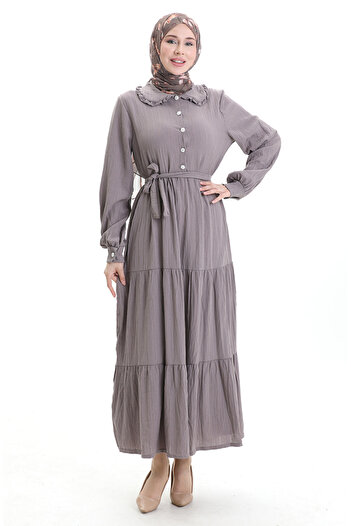 sefamerve Half Button Gathered Dress 2042-05 Dark Mink