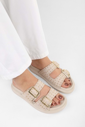 Shoeberry Women's Maren Beige Suede Belt Buckle Slippers