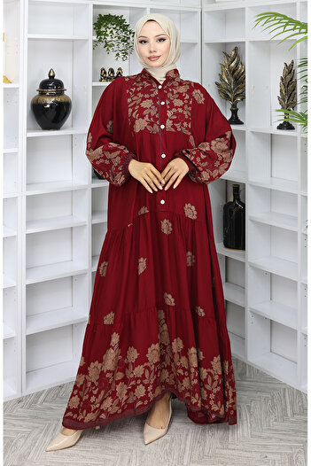 sefamerve Viscose Fabric Patterned Dress 2045-02 Claret Red
