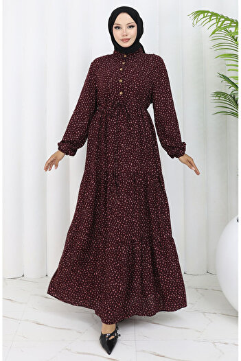 sefamerve Viscose Fabric Half Button Patterned Dress 0068-04 Brown