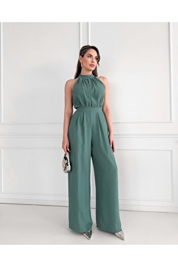 ESRAHELVACI Mint Green Halter Neck Long Jumpsuit