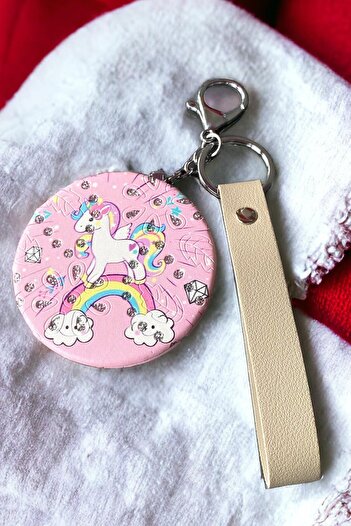 TAKIŞTIR Pink Color Unicorn Figured Pocket Mirror/Keychain